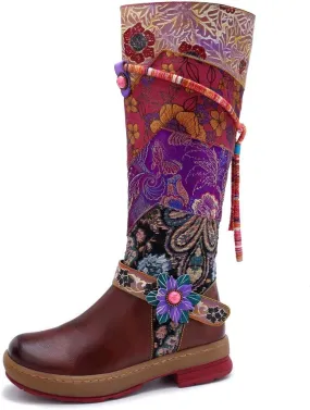 Socofy Womens Leather Knee Long Block Heels Boots, Vintage Long Boots Handmade Bohemian Boots Fur Lined Winter Snow Boots Cowgirls Wide Calf Splicing Pattern Anti Slip Walking Boots for Party Wedding