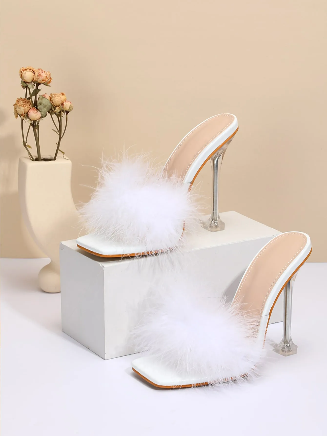 Turkey Feather Stiletto Heeled Mule Sandals