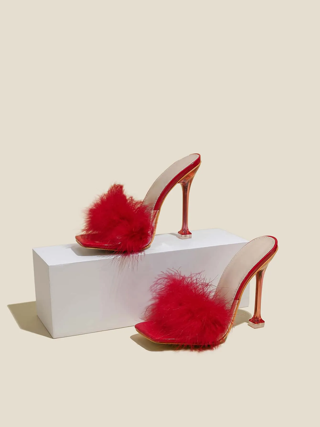 Turkey Feather Stiletto Heeled Mule Sandals