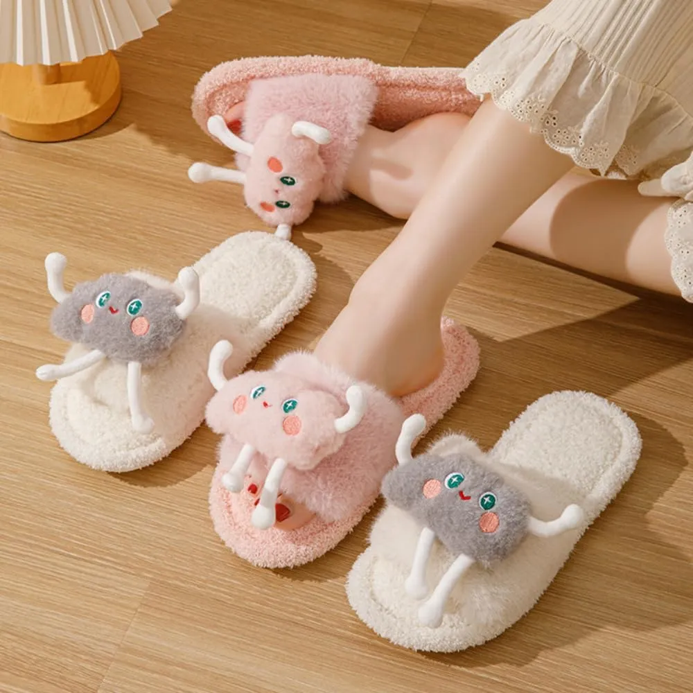 Women's Cartoon 3D Dolls Plush Fuzzy Slippers Open Toe Warm Indoor Cotton Non-slip Breathable Slippers