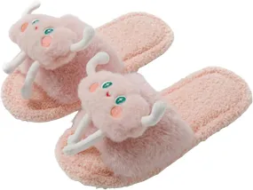 Women's Cartoon 3D Dolls Plush Fuzzy Slippers Open Toe Warm Indoor Cotton Non-slip Breathable Slippers