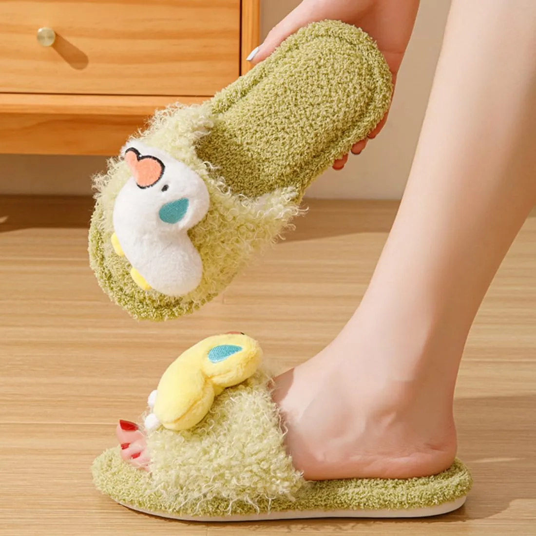 Women's Cartoon Slippers Fuzzy Fluffy Cute Warm House Shoes Non-slip Breathable Open Toe Indoor and Outdoor