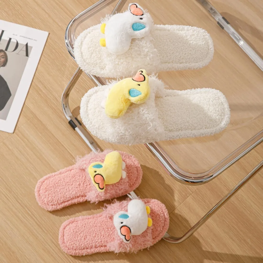 Women's Cartoon Slippers Fuzzy Fluffy Cute Warm House Shoes Non-slip Breathable Open Toe Indoor and Outdoor