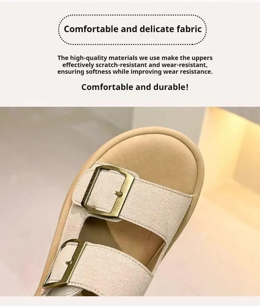 Womens Flat Sandals for Women Double Buckle Adjustable Slide Shoes Slip on Open Toe Soft Sole Comfort Sandals