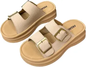 Womens Flat Sandals for Women Double Buckle Adjustable Slide Shoes Slip on Open Toe Soft Sole Comfort Sandals