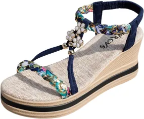 Women's Platform Espadrilles Round Toe Comfortable Wedge Sandals For Women Braided Beaded Open Toe Bohemian Platform