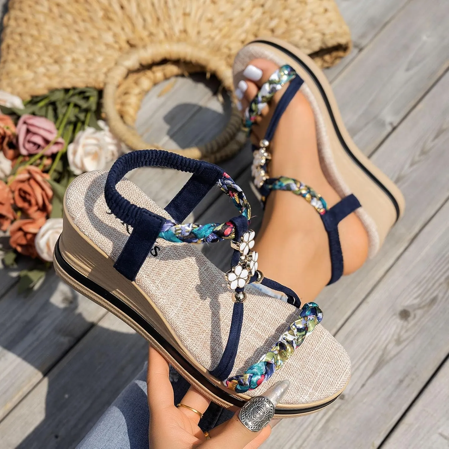 Women's Platform Espadrilles Round Toe Comfortable Wedge Sandals For Women Braided Beaded Open Toe Bohemian Platform