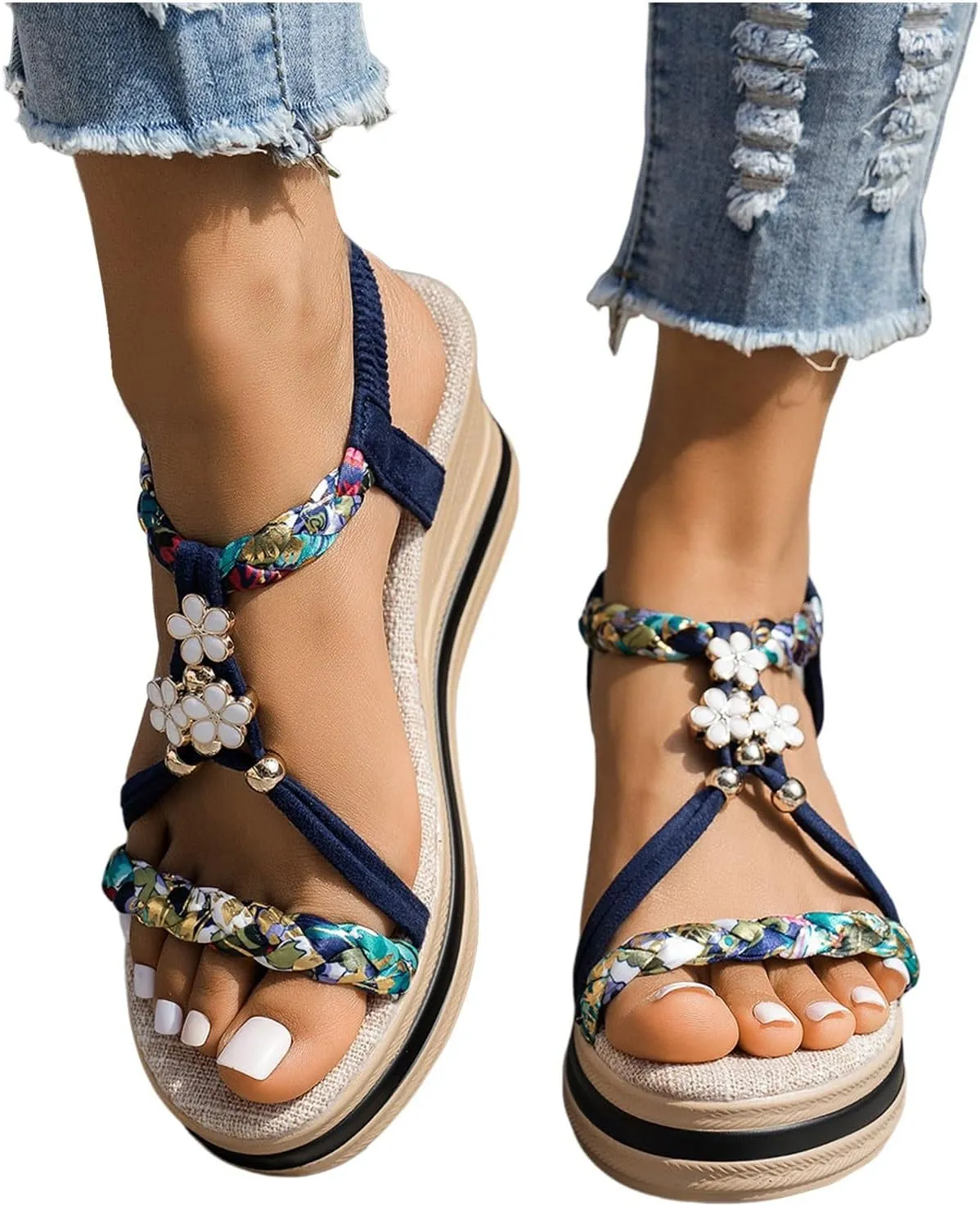 Women's Platform Espadrilles Round Toe Comfortable Wedge Sandals For Women Braided Beaded Open Toe Bohemian Platform