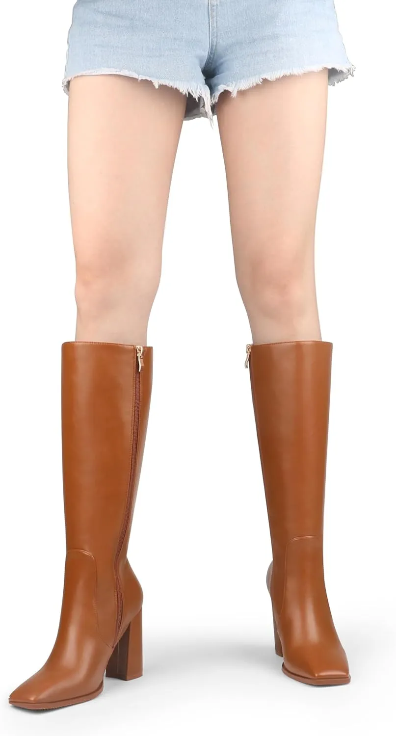Zzheels Women's Knee High Boots Square Toe Chunky Knee Heeled Boots Long Boots for Women
